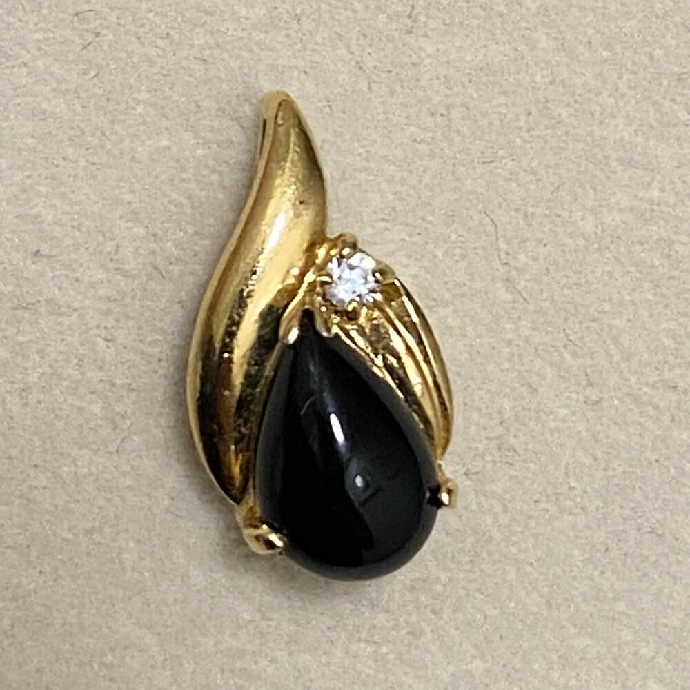 Gold Tone Black Teardrop Pendant Clear Rhinestone Accent Swirl Bale Dainty 5/8"
